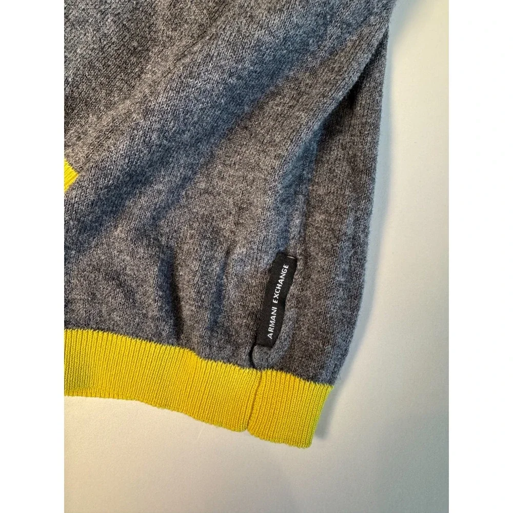 Armani Exchange A|X Men's Grey V-Neck Cotton Cashmere Sweater Yellow Trim Sz  XL